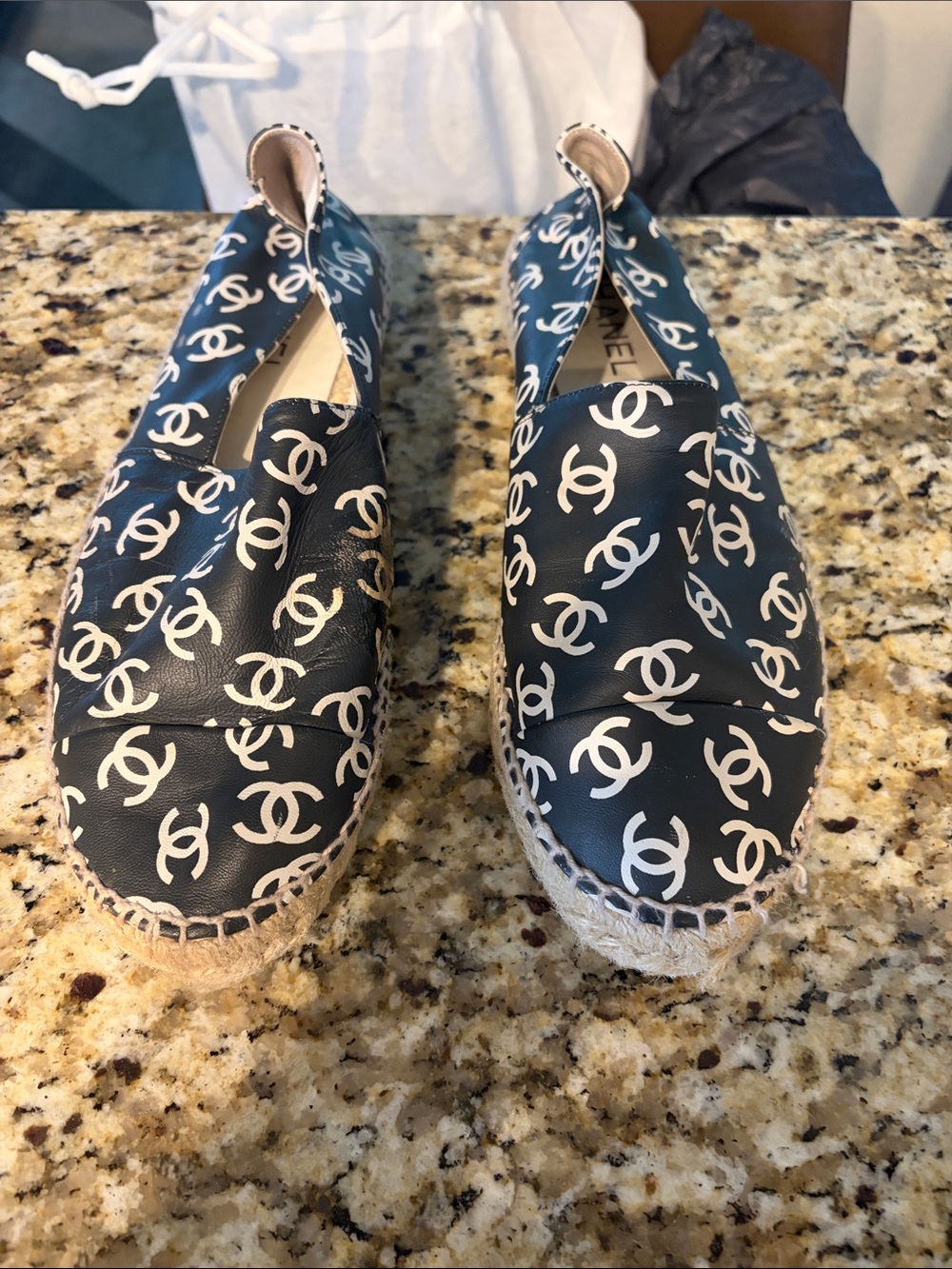 CHANEL Navy Leather CC Logo Espadrilles with White Print